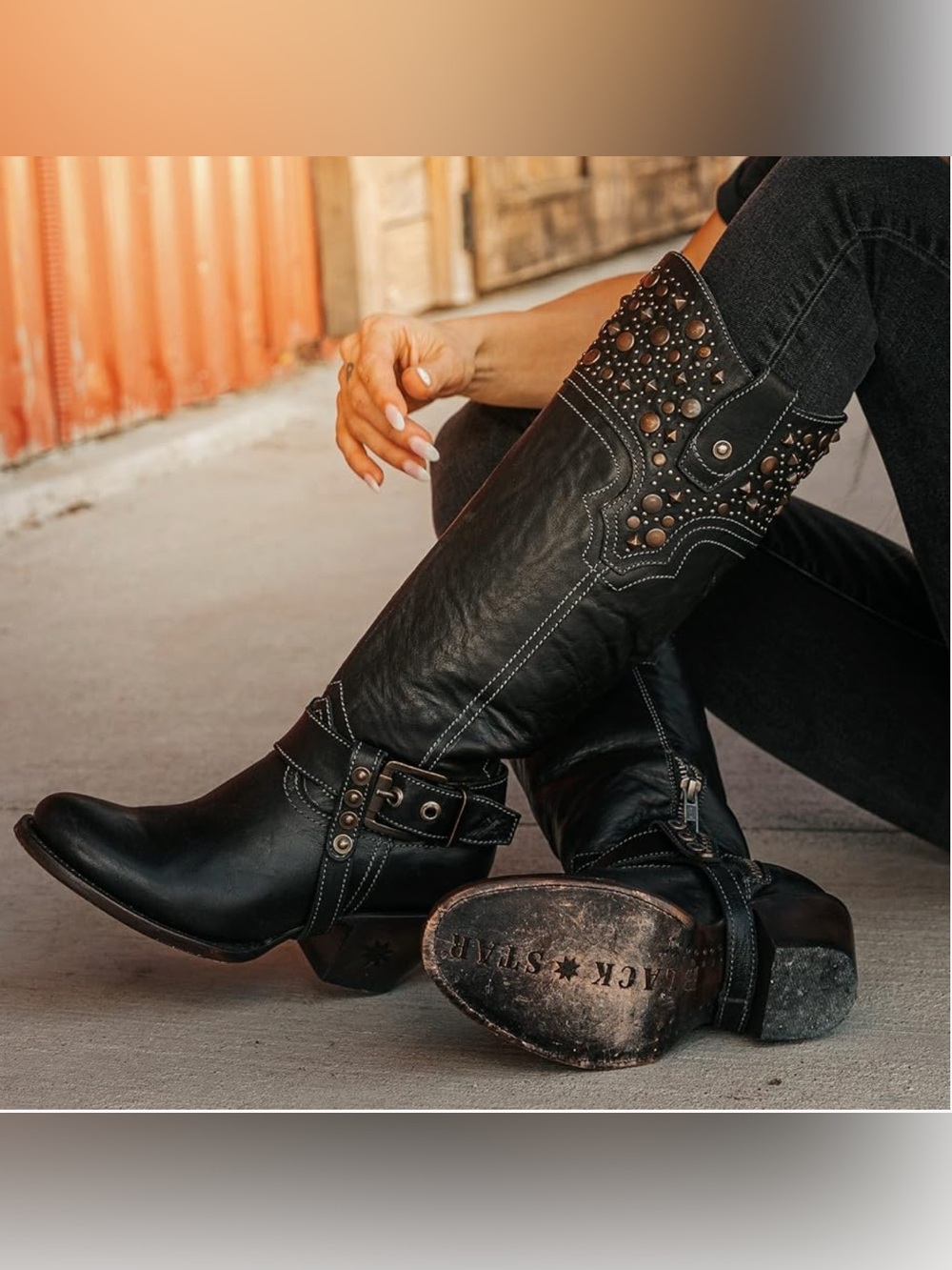 Black Star Levelland Western Studded Leather Heeled Boots Size 9.5